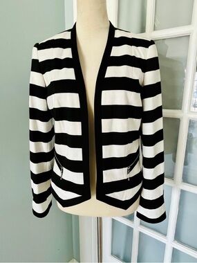 Striped Open-Front Black & White Blazer Jacket